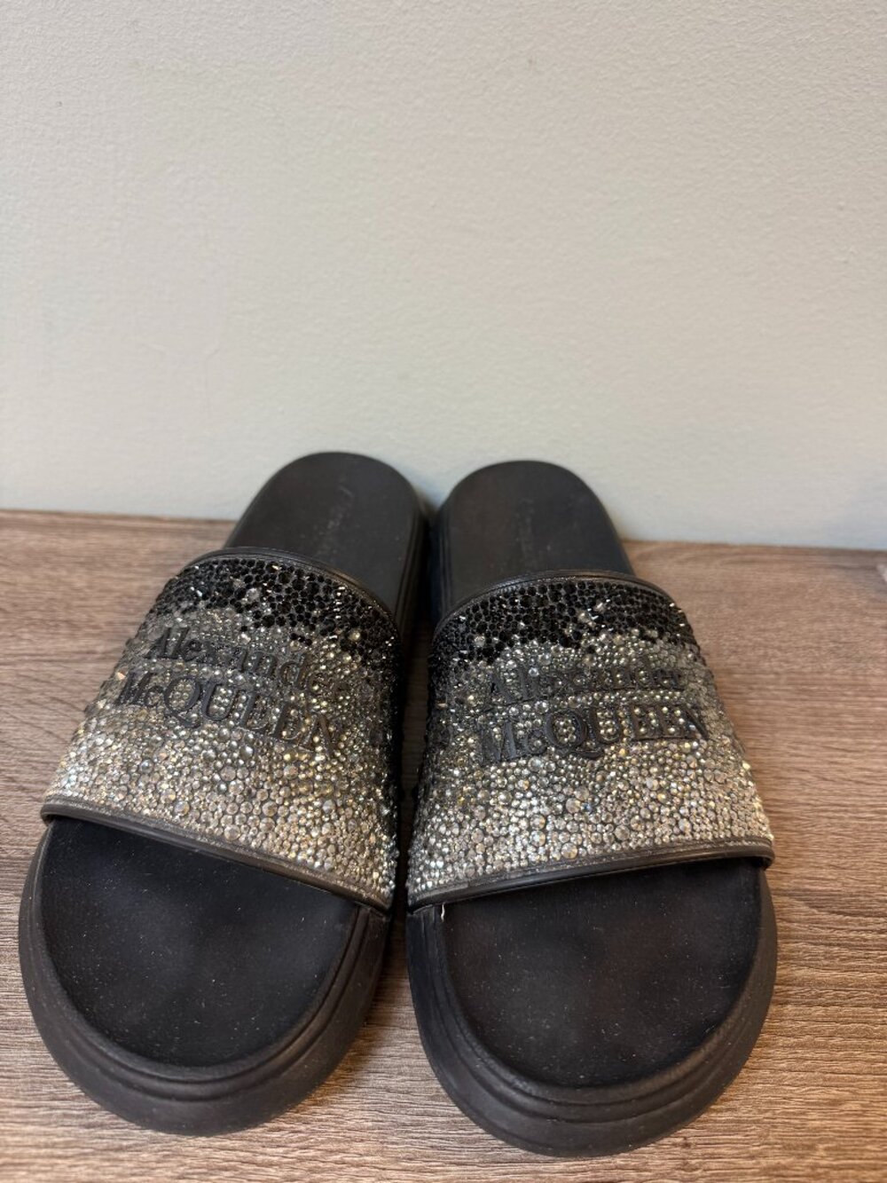 Alexander McQueen crystal-embellished pool slides in Black Gradient Rhinestones
